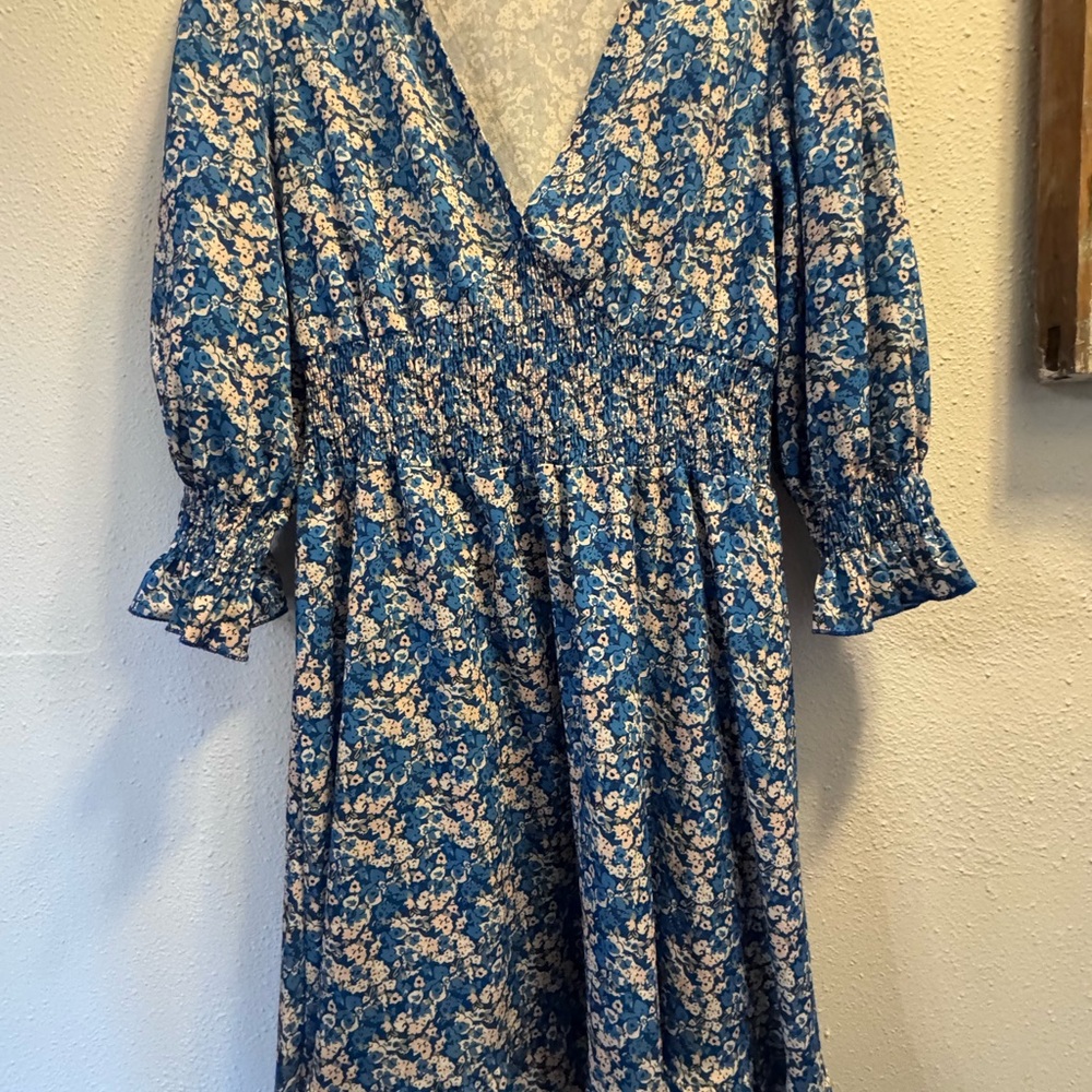 Floral Blue V-Neck Smocked Waist Dress